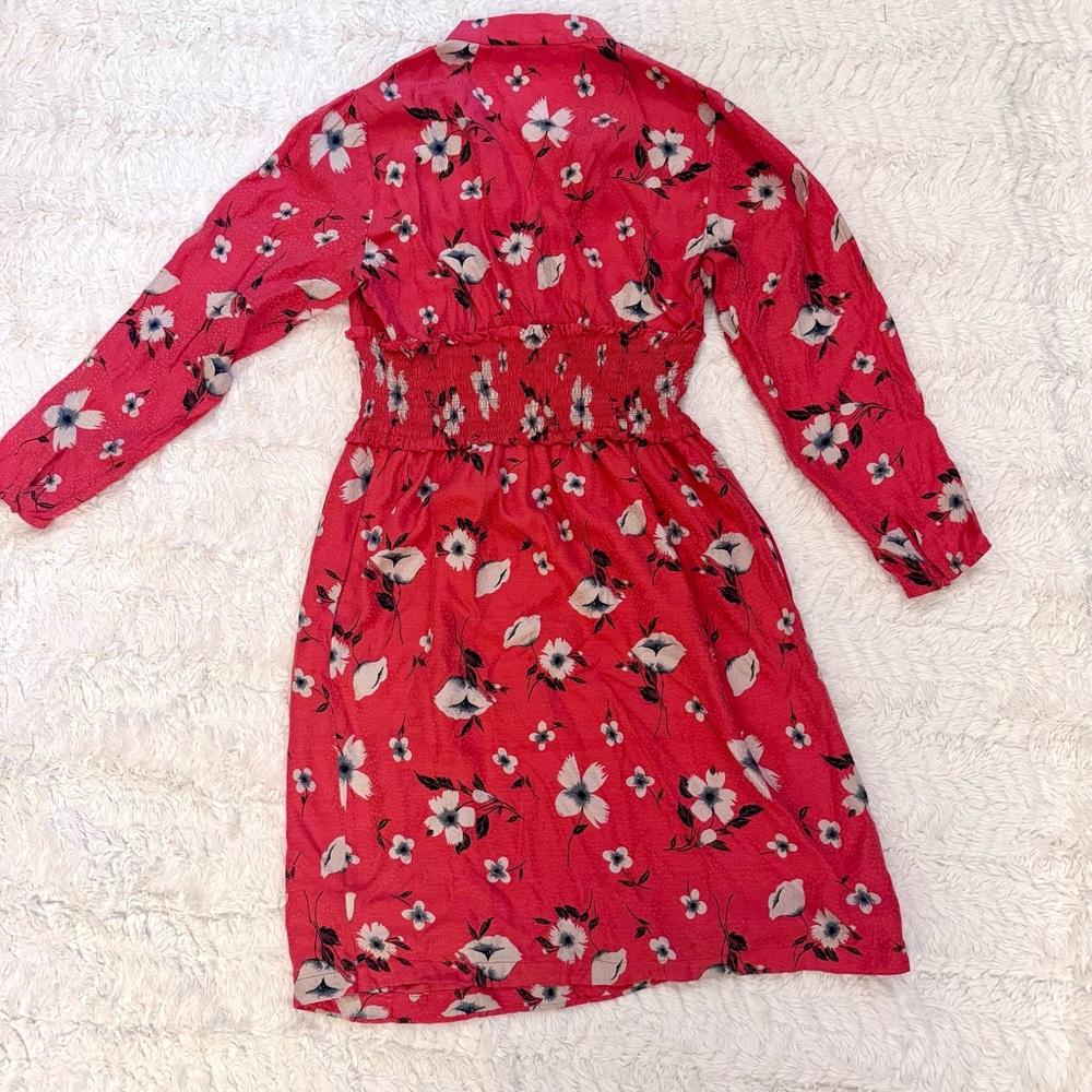 Rebecca Taylor size 2 Daniella Red Floral Silk Blend Dress smocked v neck - Picture 3 of 8